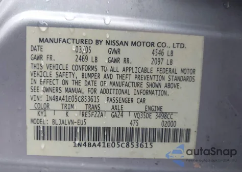 2005 Nissan Maxima 3.5 Sl z USA, uszkodzony, nr VIN 1N4BA41E05C853615